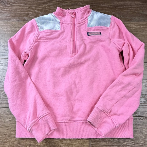 Vineyard Vines Girls Quarter-Zip Shep Shirt Pink Seersucker Sz S Preppy Cotton - Picture 1 of 13